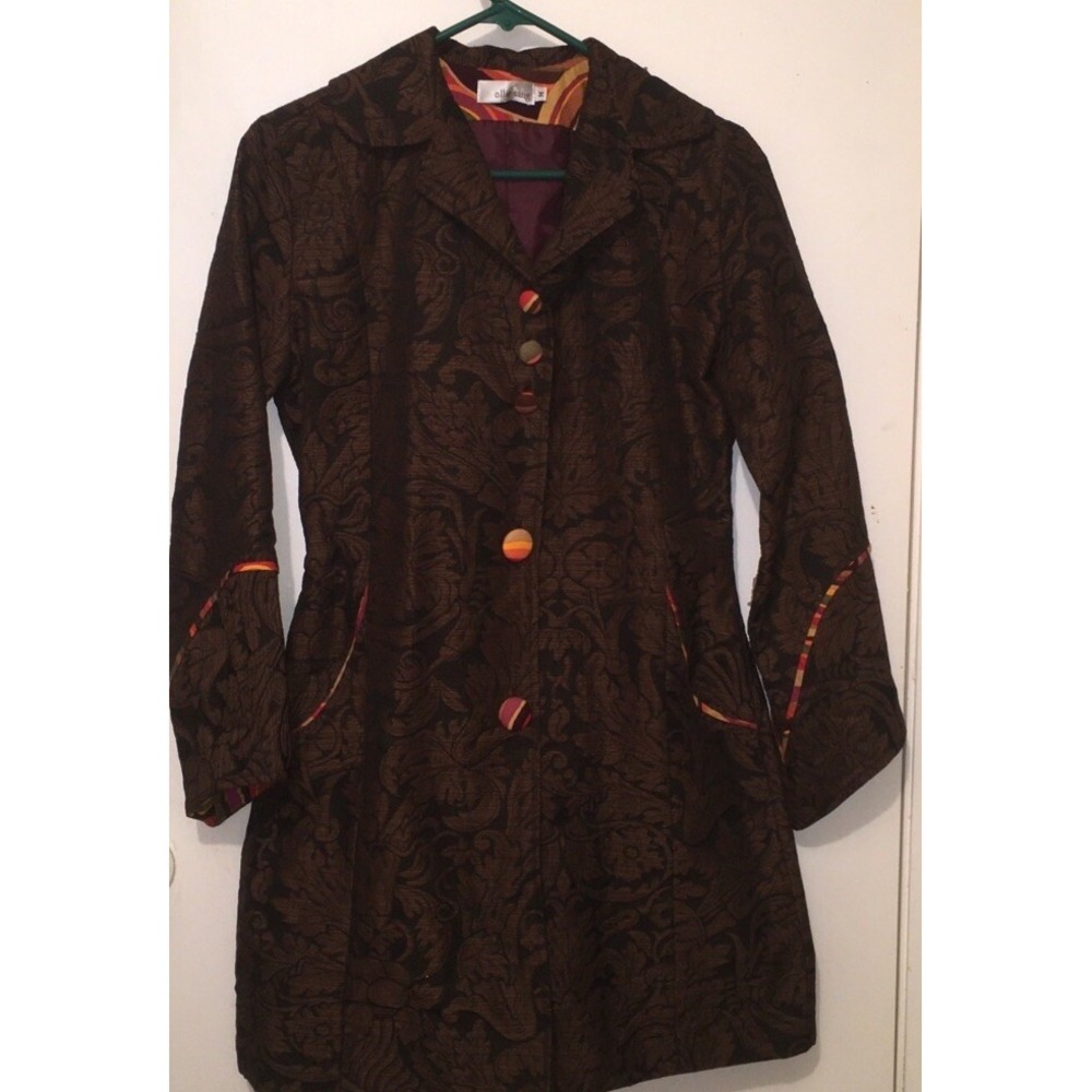 Vintage Ollie Sang Blazer Women's Asian Inspired Damask Brown Retro 70's Accents